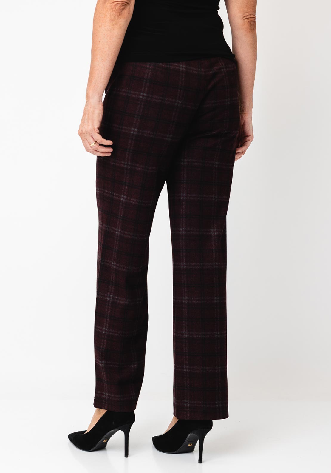 Robell Efi Checked Wide Leg Trousers, Wine Multi