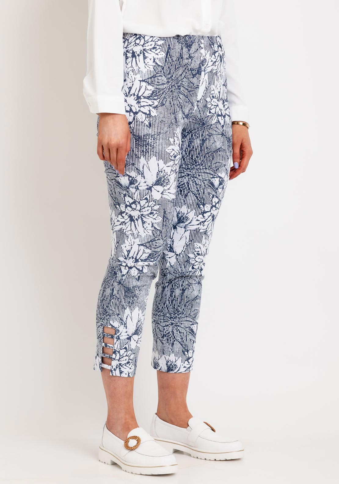 Robell Lena 09 Slim Fit Stretch Ankle Grazer Print Trousers, Navy