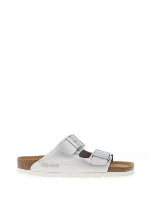 Rohde Wide Fit Metallic Leather Double Strap Mule Sandals, Silver