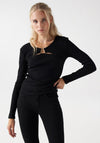 Salsa Gold Buckled Neckline Ribbed Top, Black