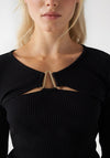 Salsa Gold Buckled Neckline Ribbed Top, Black