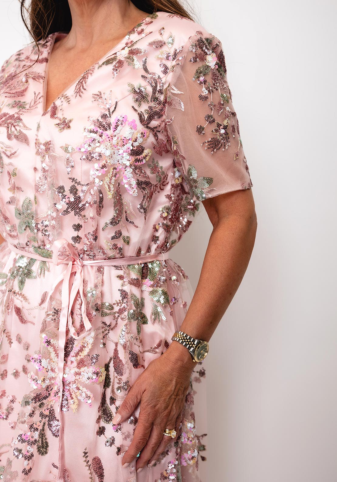 Samantha Jane Charlotte Sequin Mesh Midi Dress, Pink - McElhinneys Samantha Jane Charlotte Sequin Mesh Midi Dress, Pink - McElhinneys