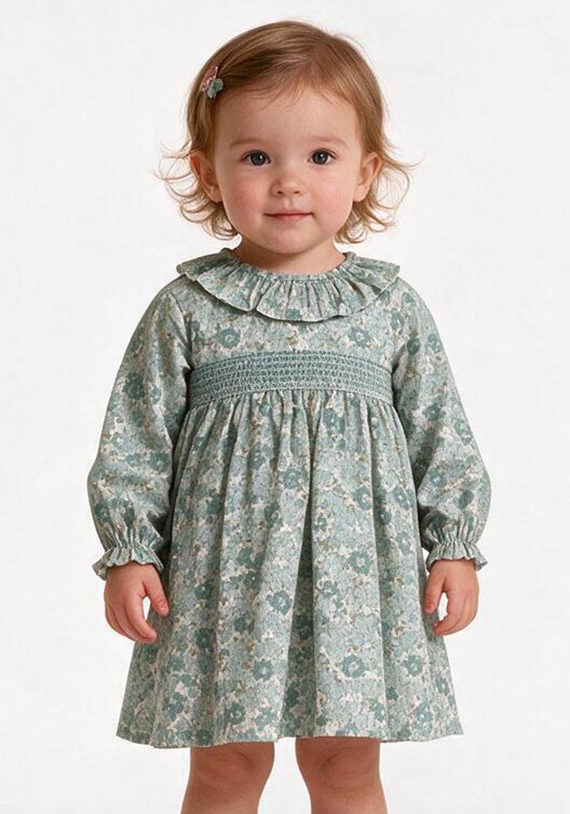 Sardon Baby Girl Floral Long Sleeve Dress, Green