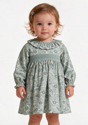 Sardon Baby Girl Floral Long Sleeve Dress, Green