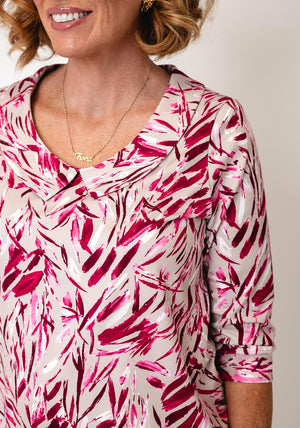 Se Moi Leaf Print Collar Top, Pink