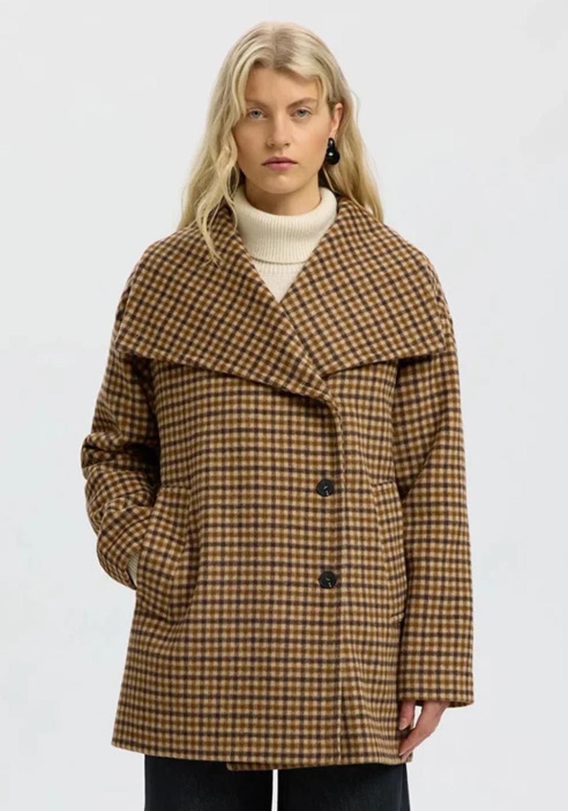 Selected Femme Carolyn Check Wool-blend Coat, Brown Multi