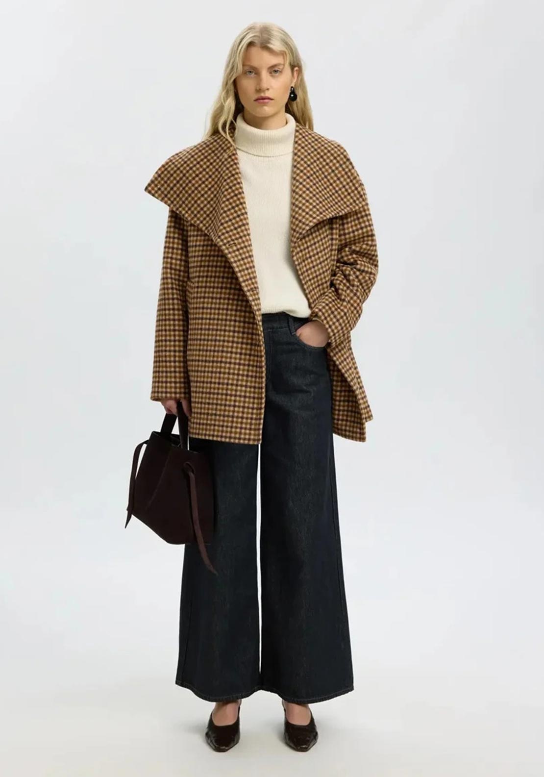 Selected Femme Carolyn Check Wool-blend Coat, Brown Multi