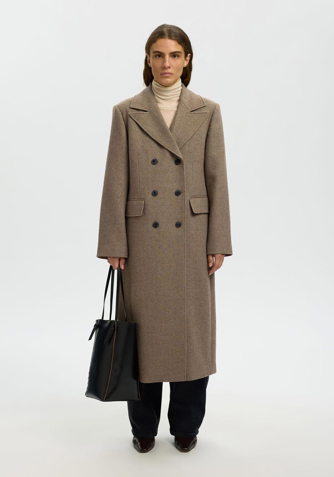 Selected Femme Wool Blend Longline Coat, Greige