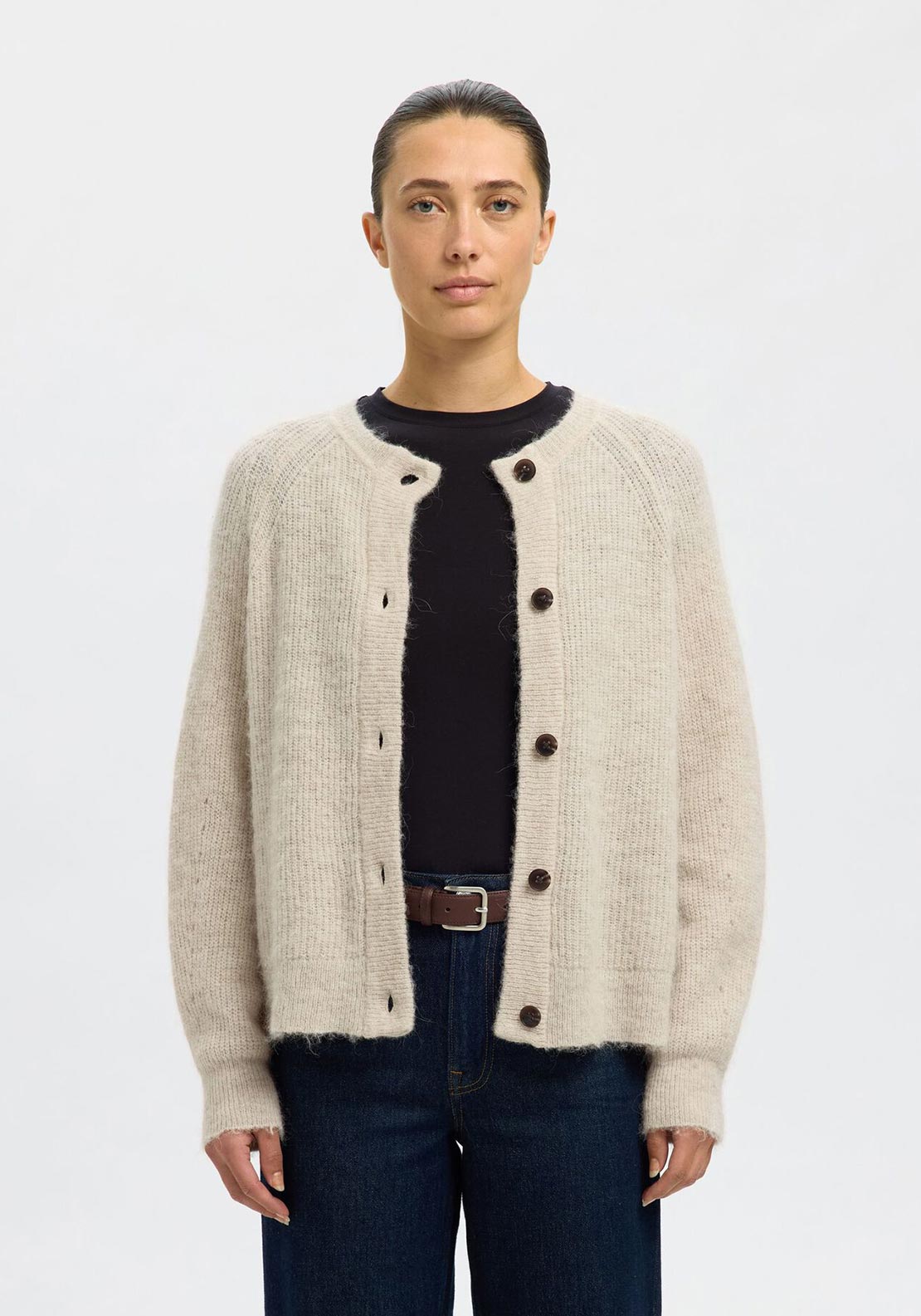 Selected Femme Lulu Wool Blend Knitted Cardigan, Light Beige