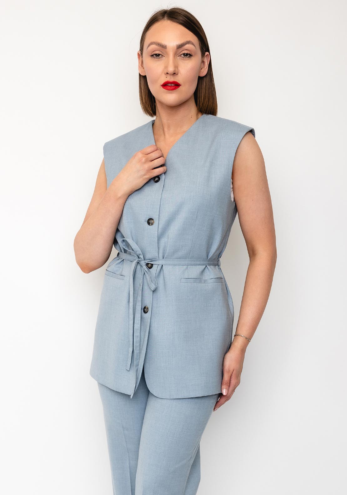 Selected Femme Boxy Belted Waistcoat, Dusty Blue