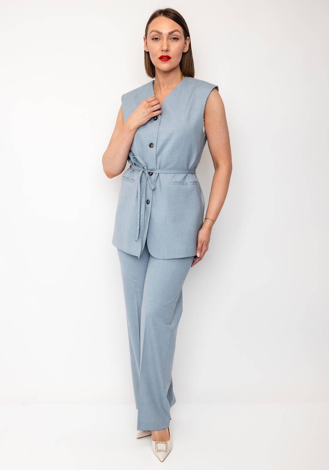 Selected Femme Boxy Belted Waistcoat, Dusty Blue