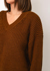 Selected Femme Selma Knitted V-Neck Jumper, Tan Brown