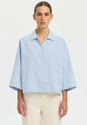 Selected Femme Ester Striped Cropped Sleeve Shirt, Blue