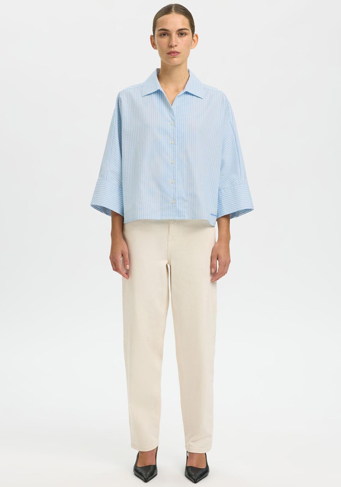 Selected Femme Ester Striped Cropped Sleeve Shirt, Blue