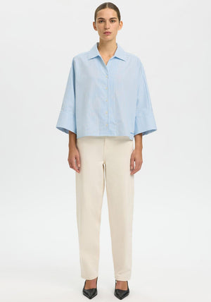 Selected Femme Ester Striped Cropped Sleeve Shirt, Blue