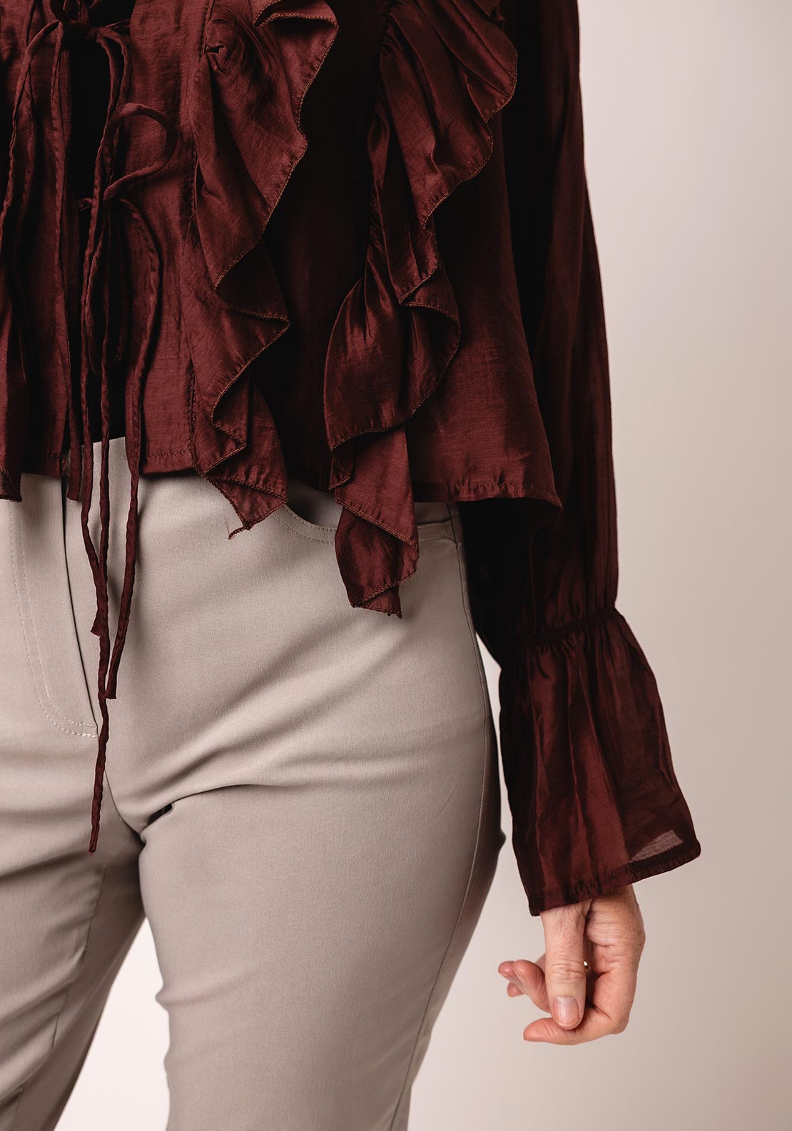 Serafina Collection One Size Frill Tie Front Blouse, Brown