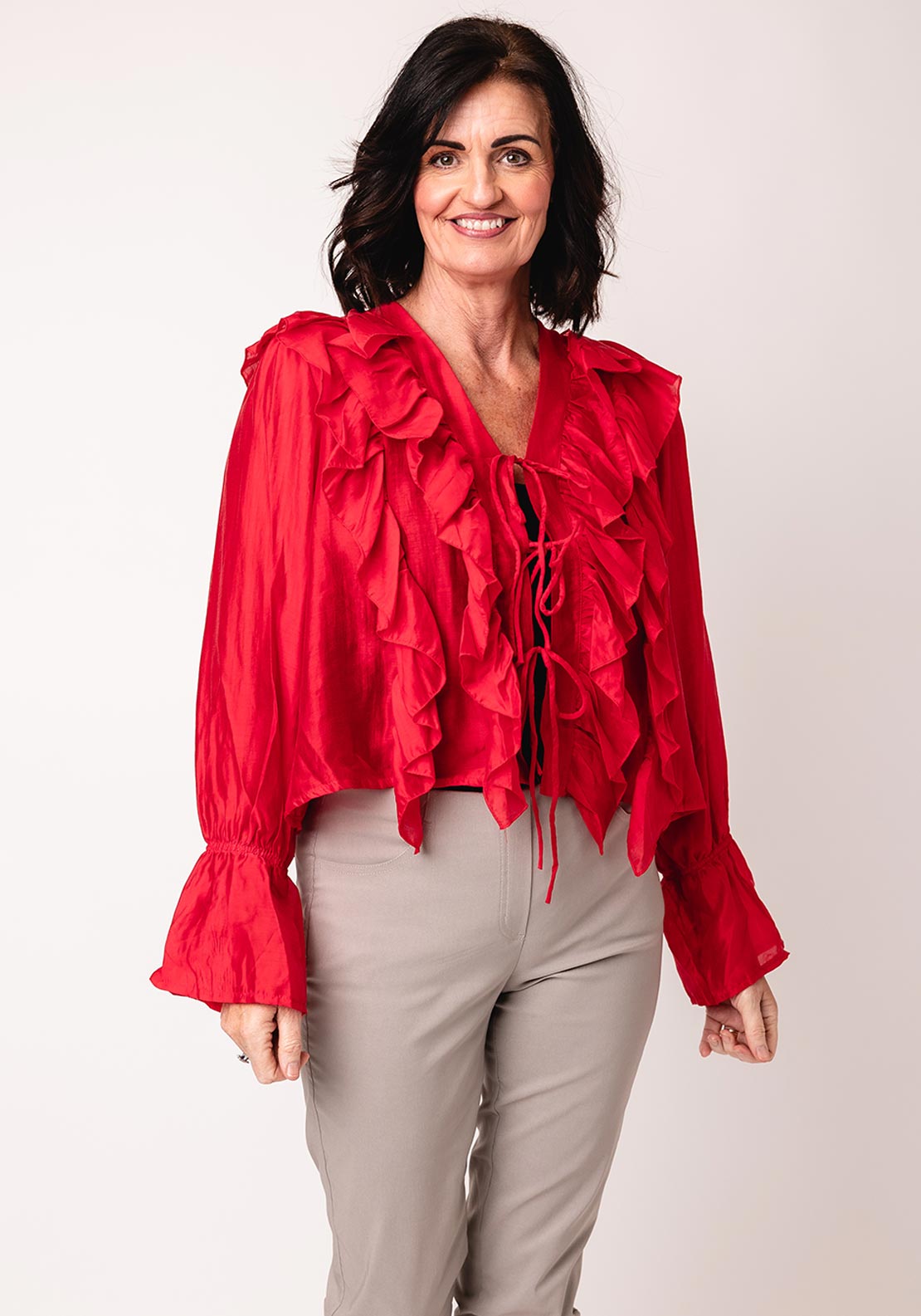 Serafina Collection One Size Frill Tie Front Blouse, Red