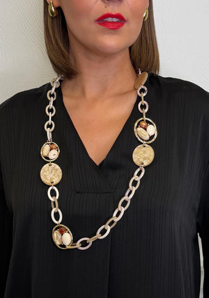 Serafina Collection Marebled Resin Chain Disc Necklace, Beige Multi