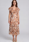 Serafina Collection Leaf Print Frill Collar Midi Dress, Tan