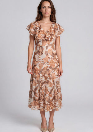 Serafina Collection Leaf Print Frill Collar Midi Dress, Tan