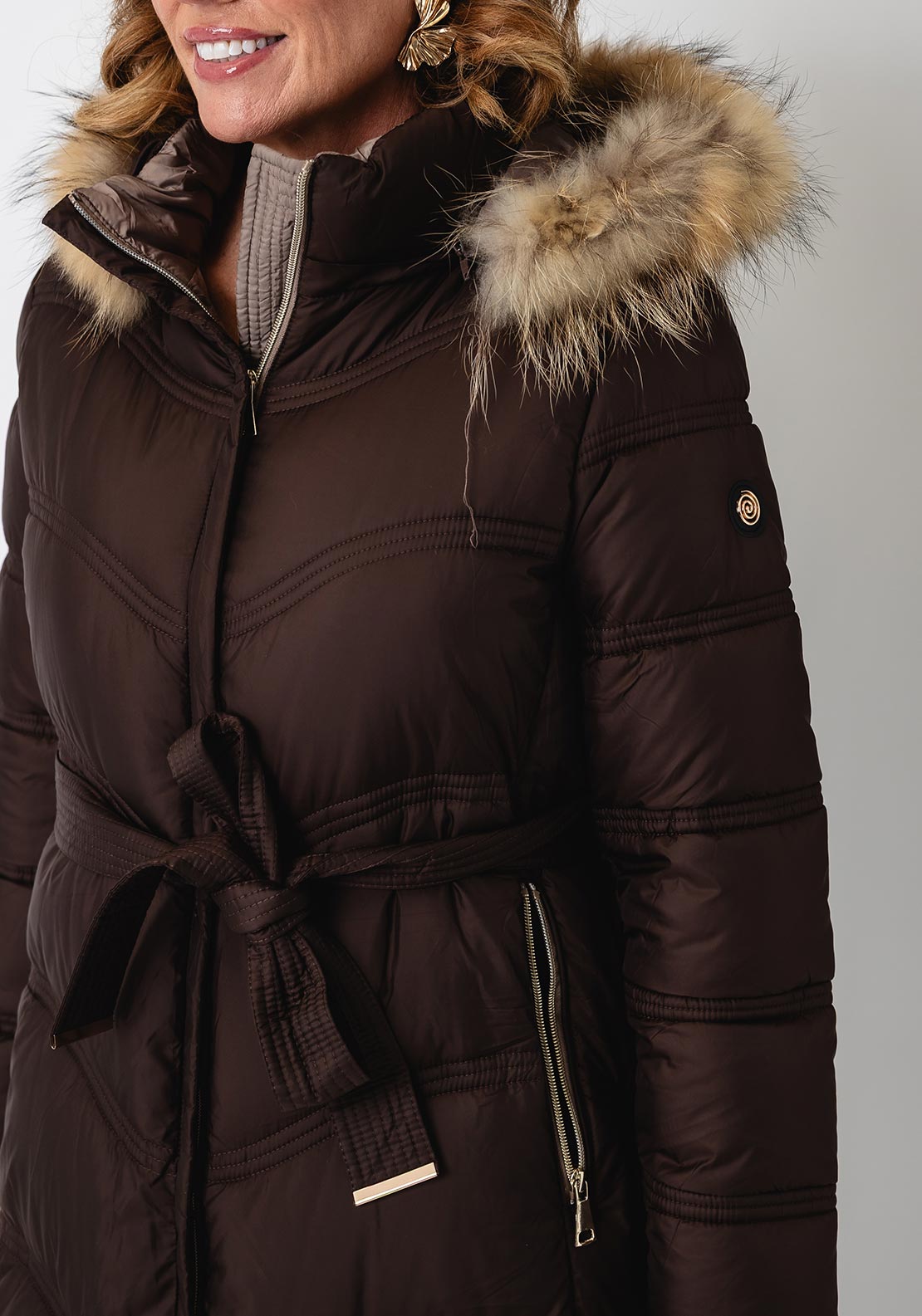 Serafina Collection Longline with Faux Fur Detail Coat, Brown