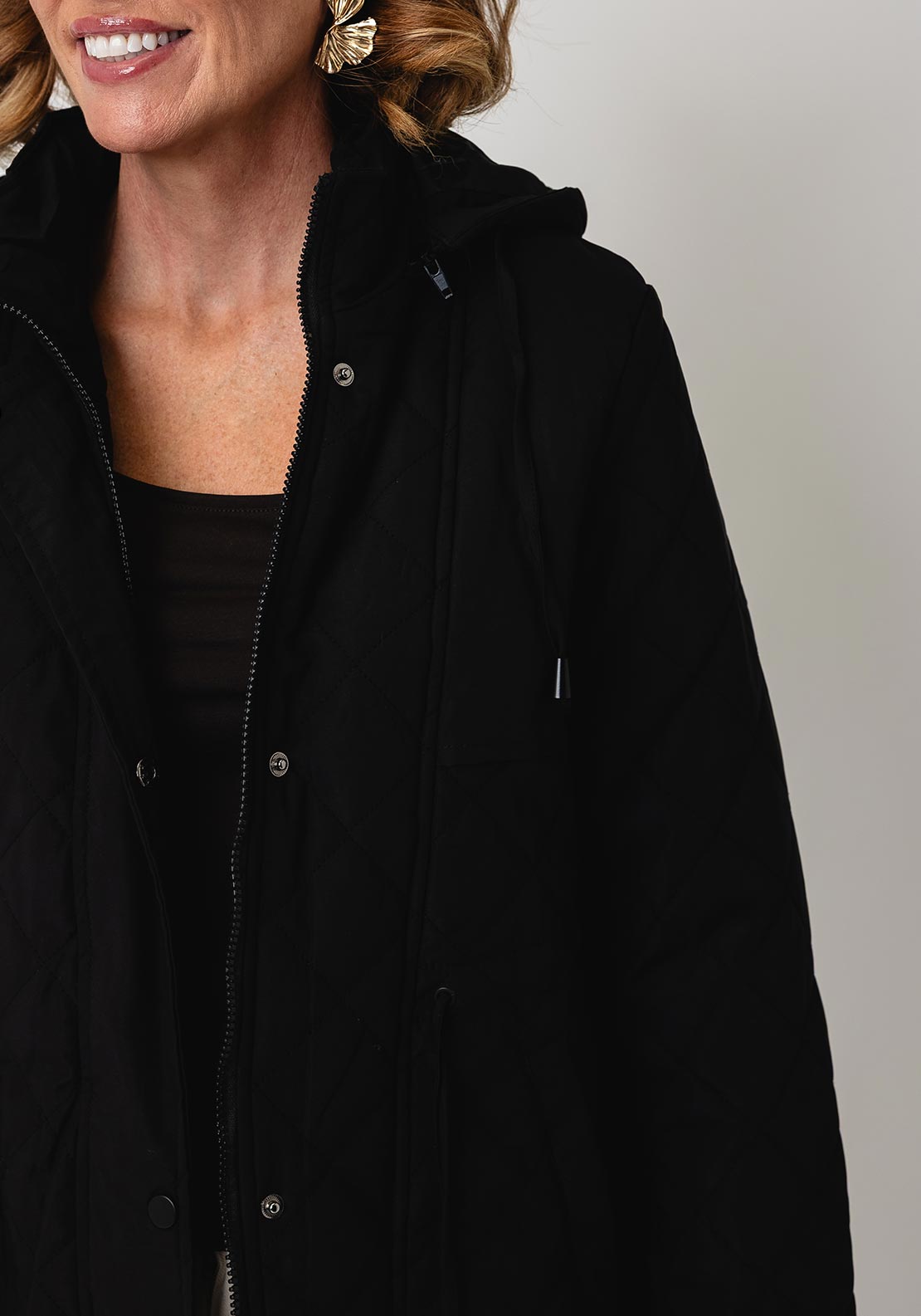 Serafina Collection Quilted with Hood Coat, Black