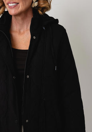 Serafina Collection Quilted with Hood Coat, Black