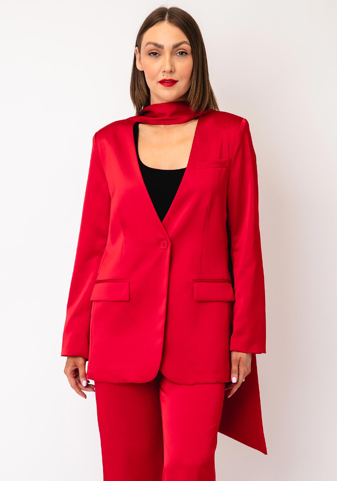 Serafina Collection Satin Blazer and Scarf, Red