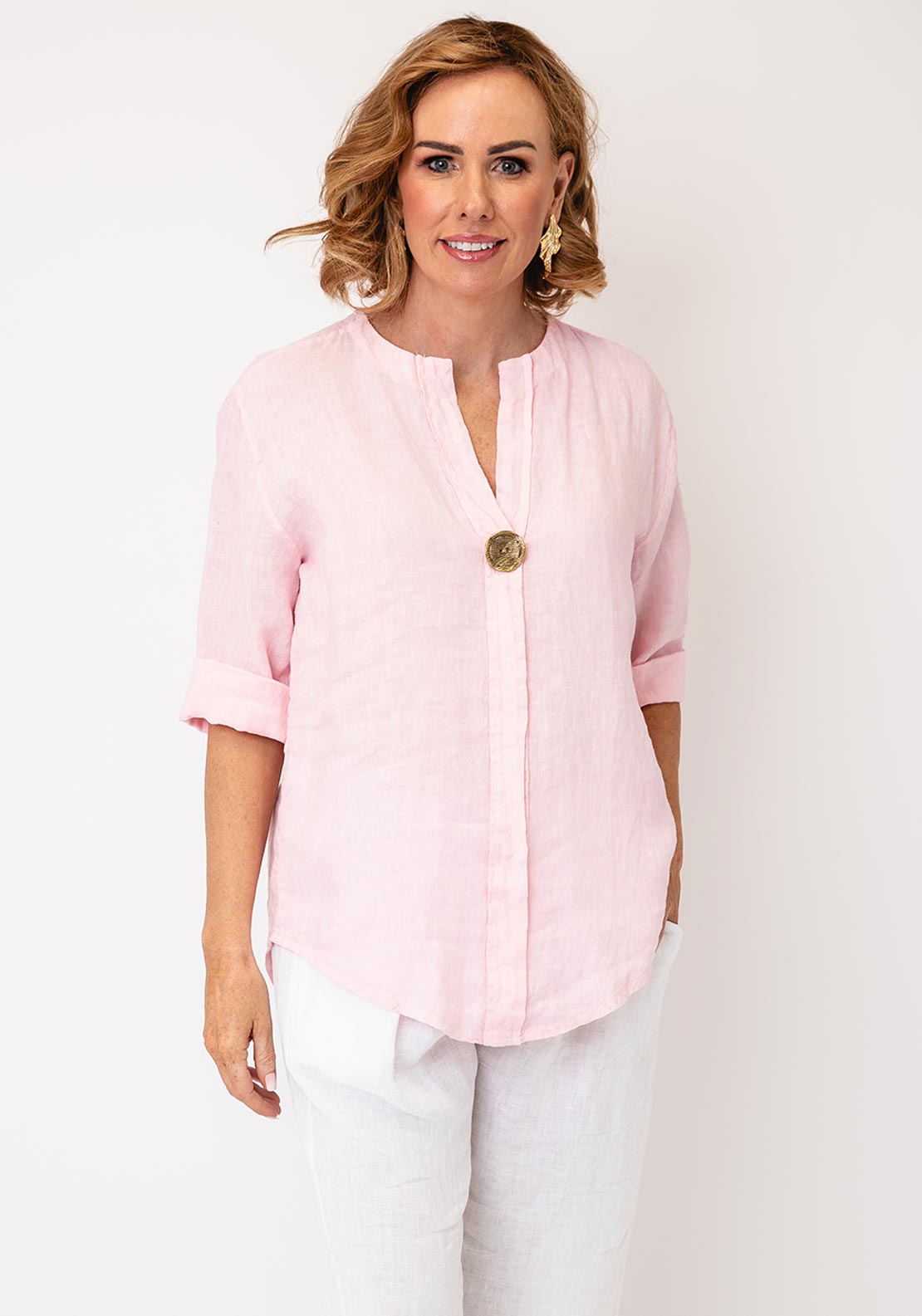 Serafina Linen with Button Detail Top, Light Pink