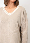 Serafina Collection One Size Embossed Logo Ribbed Sweater, Beige