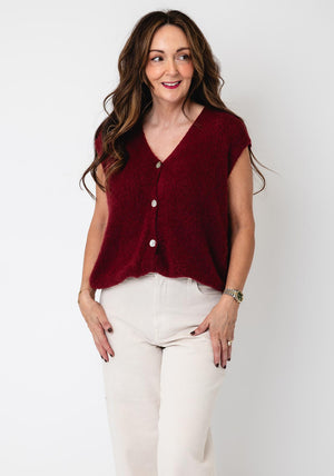 Serafina Collection Knitted Sleeveless Cardigan, Wine