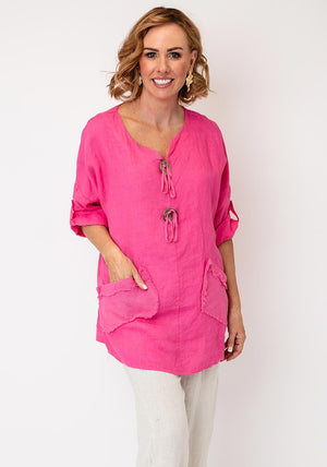 Serafina Linen with Button Detail Top, Pink