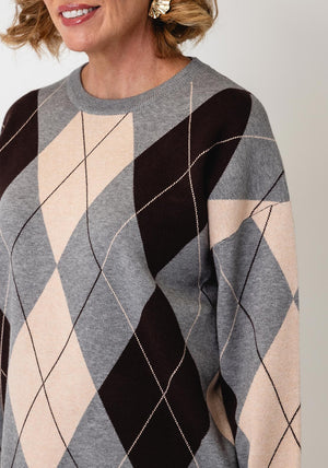 Serafina Collection One Size Argyle Print Jumper, Grey Multi