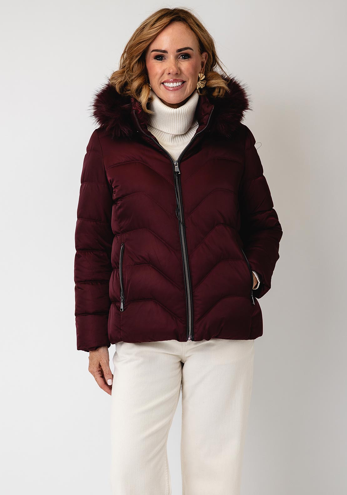 Serafina Collection Longline with Faux Fur Detail Coat, Wine