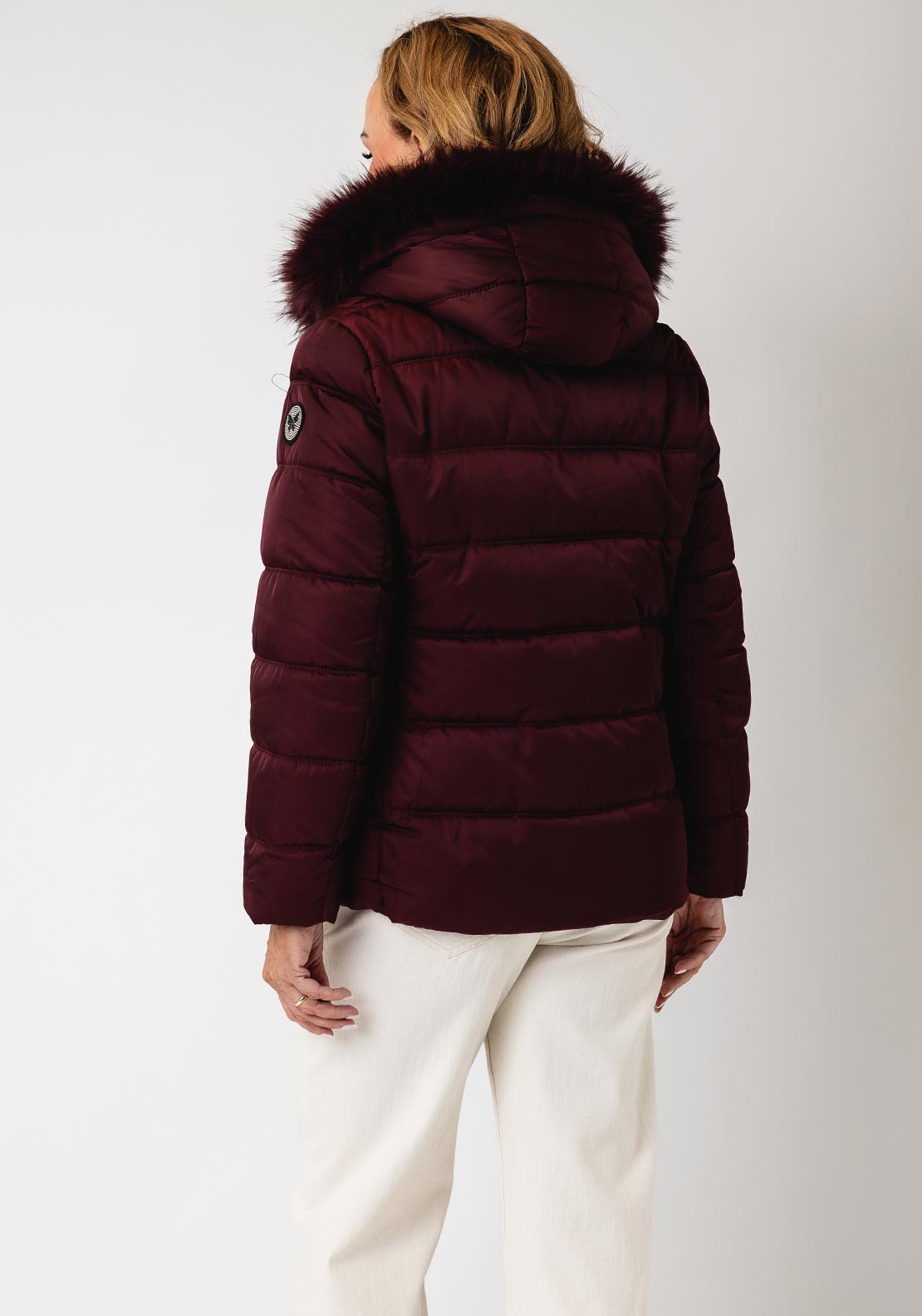 Serafina Collection Longline with Faux Fur Detail Coat, Wine