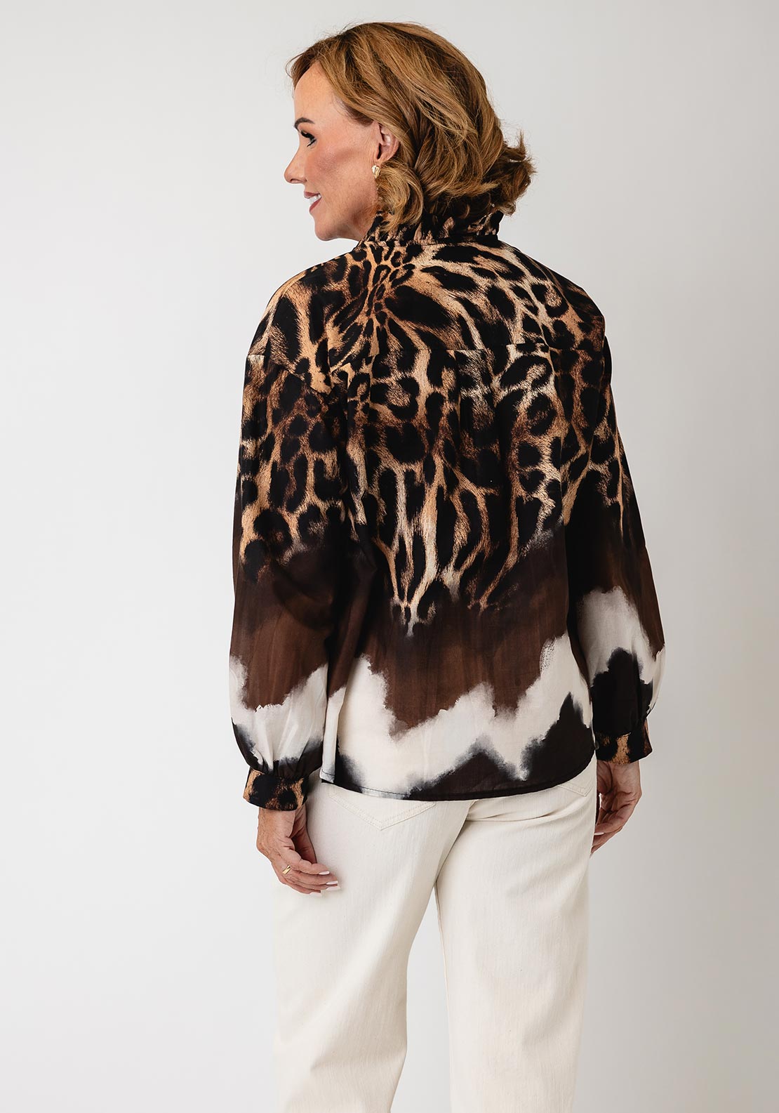 Serafina Collection One Size Frill Neck Leopard Print Shirt, Beige Multi
