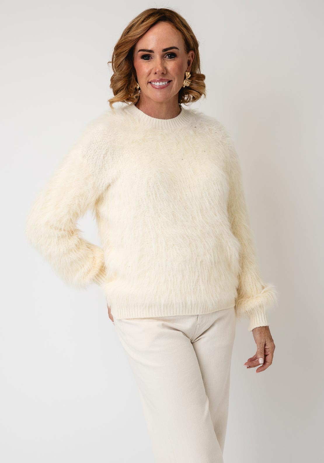 Serafina Collection One Size Textured Round Neckline Top, Cream