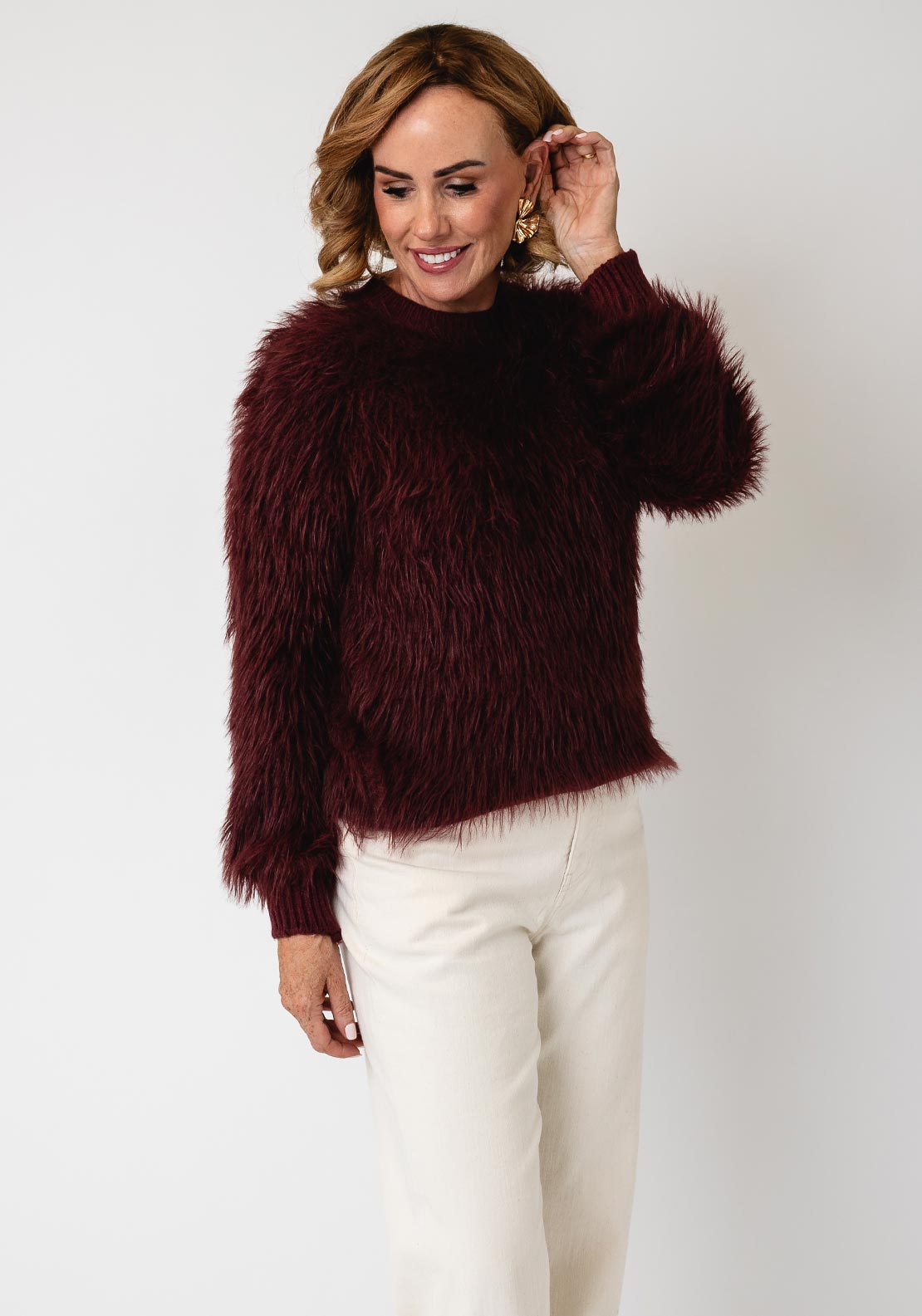 Serafina Collection One Size Textured Round Neckline Jumper, Wine