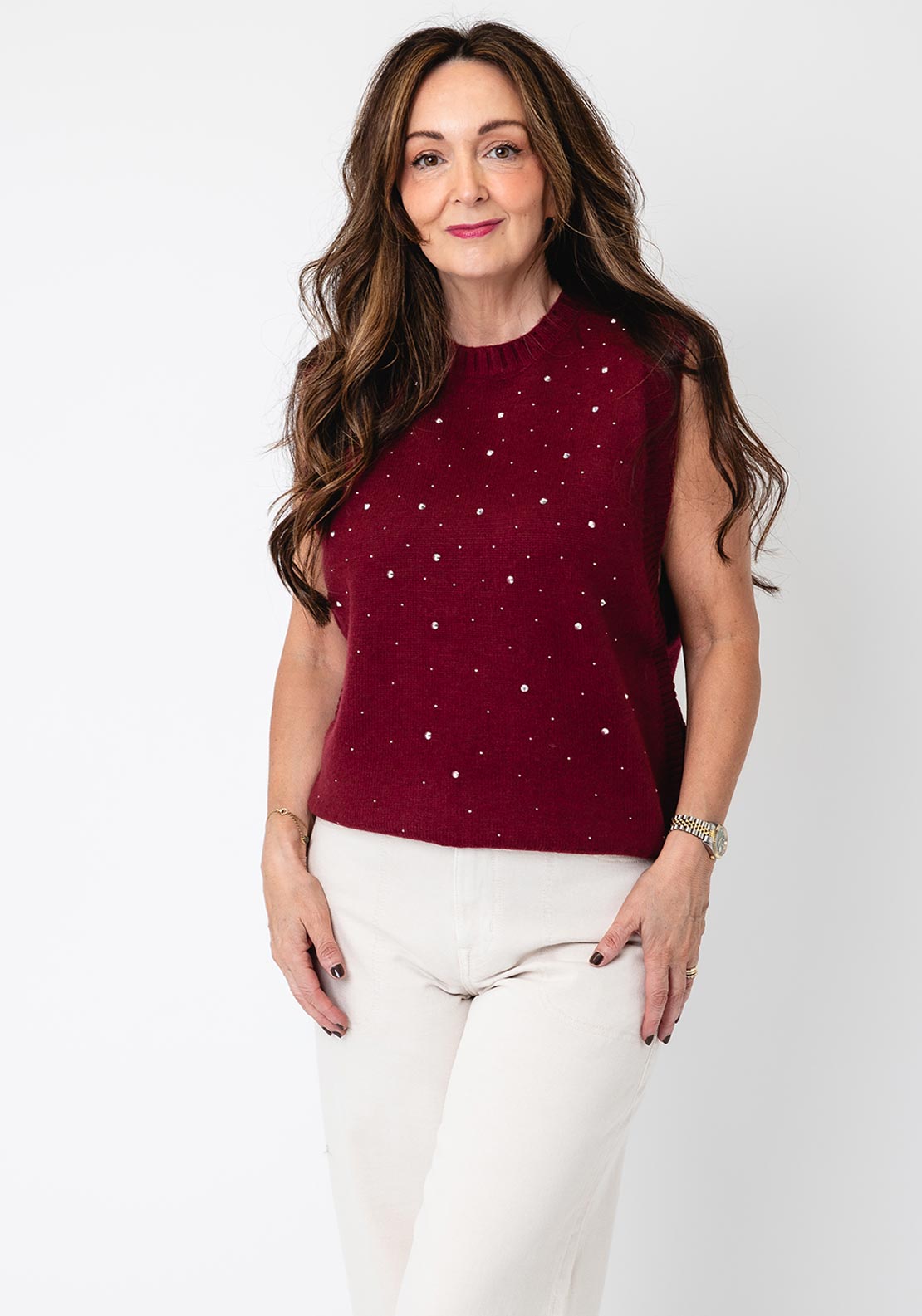 Serafina Collection One Size Rhinestone Vest, Wine