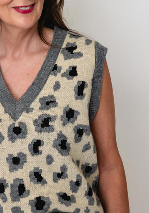 Serafina Collection Knitted Animal Print Vest, Beige Multi
