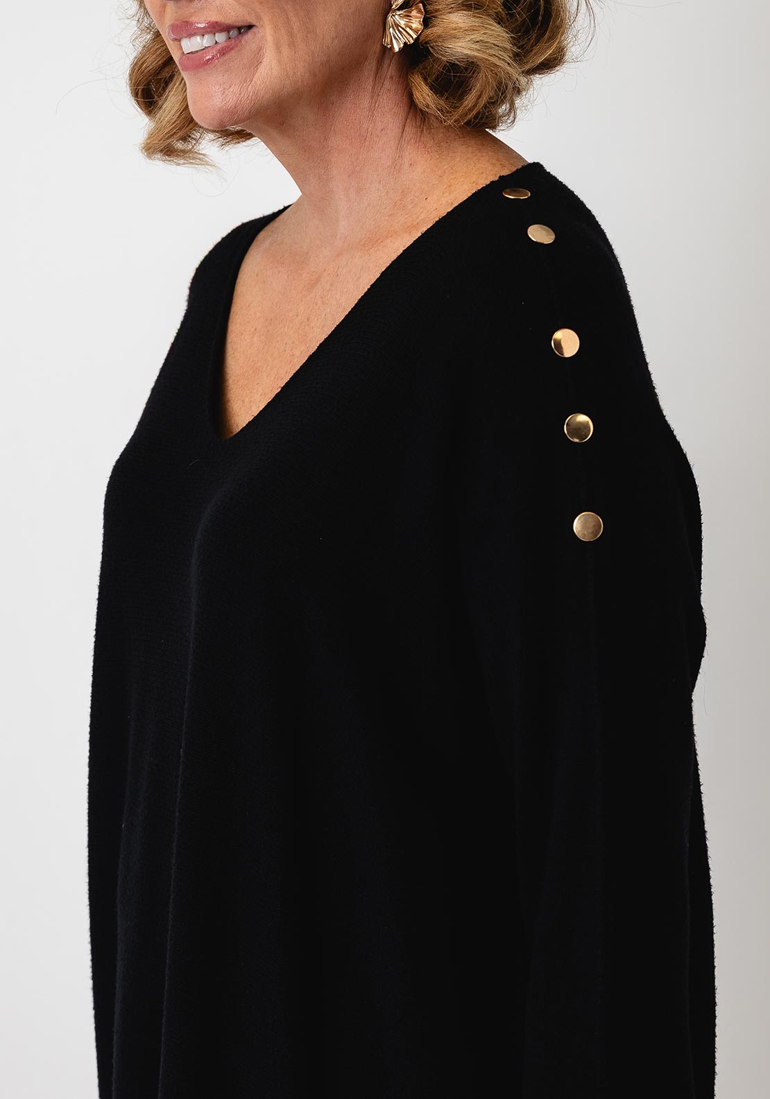 Serafina Collection Knitted with Button Detail Jumper, Black