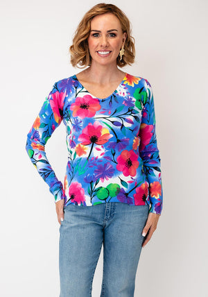 Serafina Assorted Flower Print V-Neck Top, Blue Multi