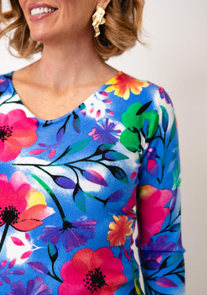 Serafina Assorted Flower Print V-Neck Top, Blue Multi