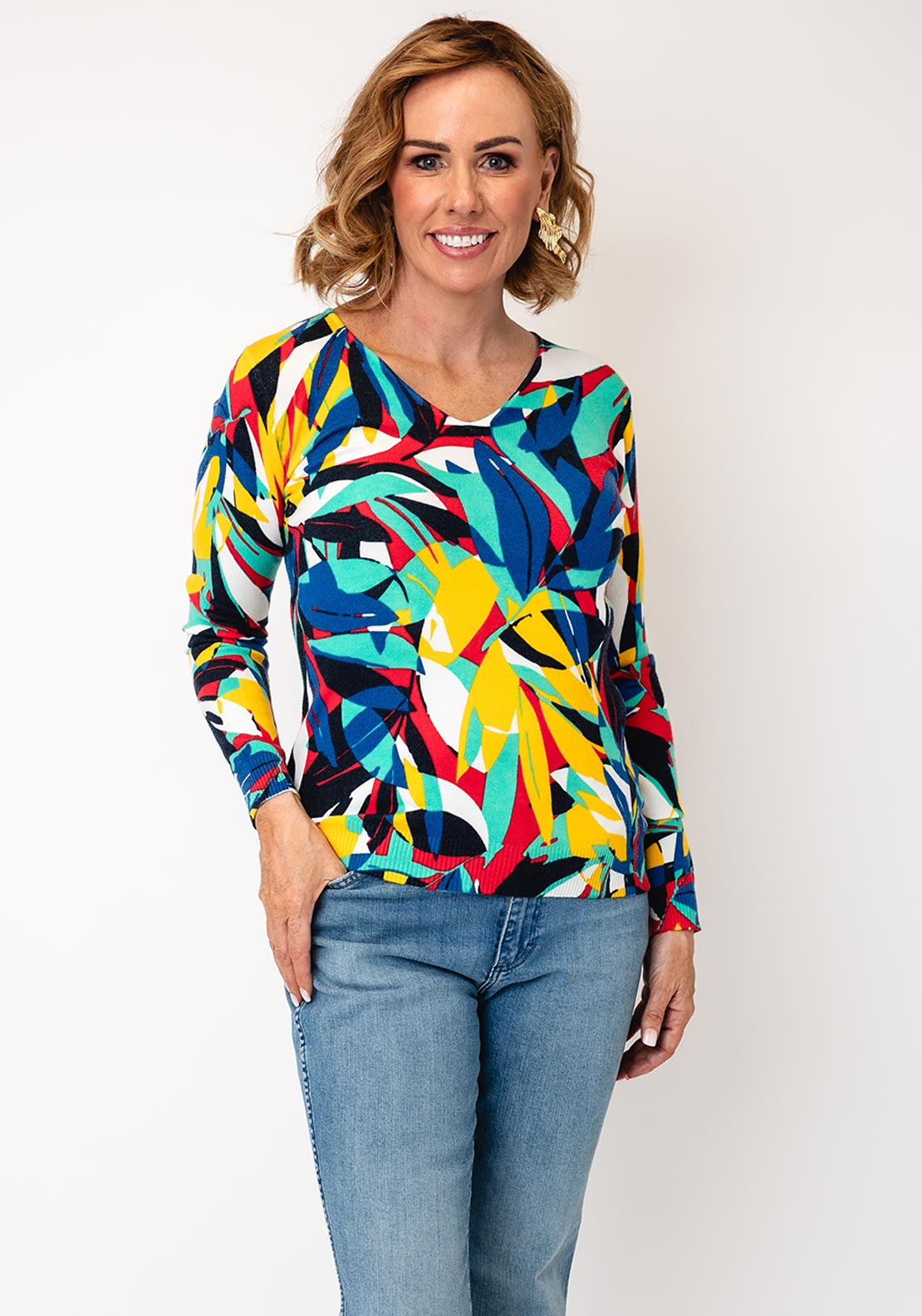 Serafina Geometric Print V-Neck Top, Multi-Coloured