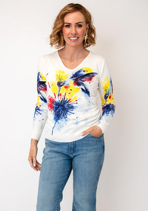Serafina V-Neck with Bird Print, Cream Multi