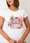 Serafina Floral Perfume Graphic Print with Rhinestone Detail T-Shirt, White Multi