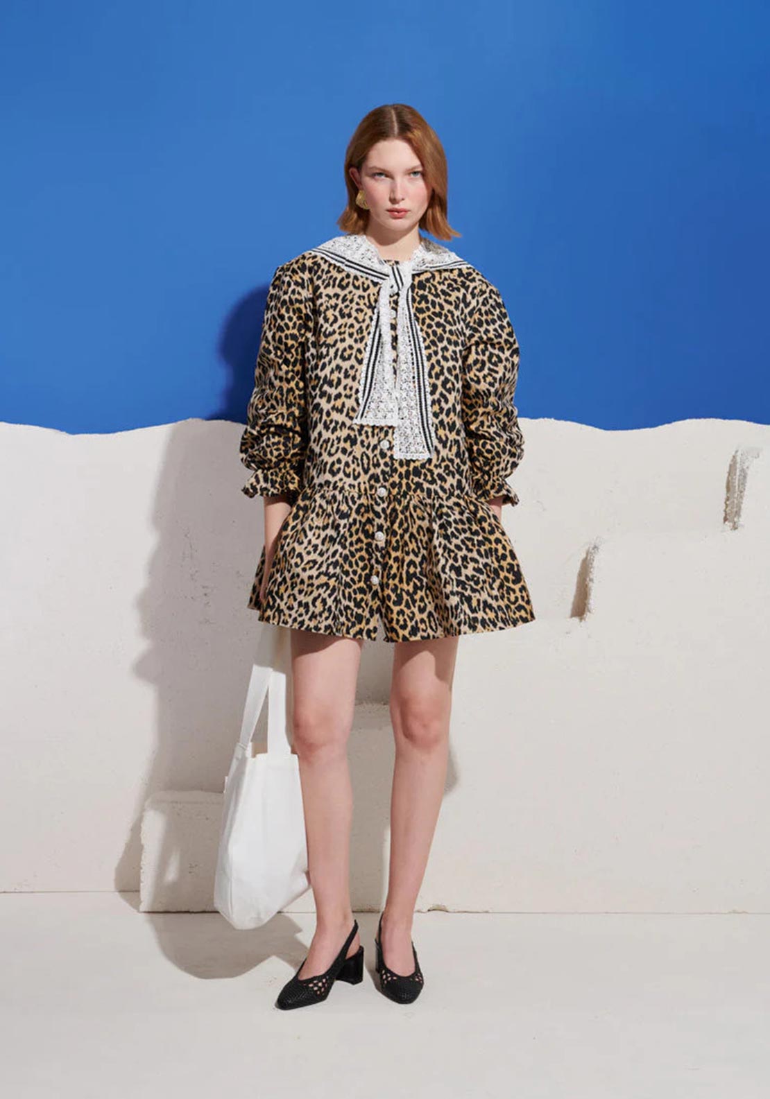 Sister Jane Cleo Collar Animal Print with Lace Detail Mini Dress, Beige Multi