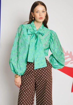 Sister Jane Vine Jacquard Bow Blouse, Green
