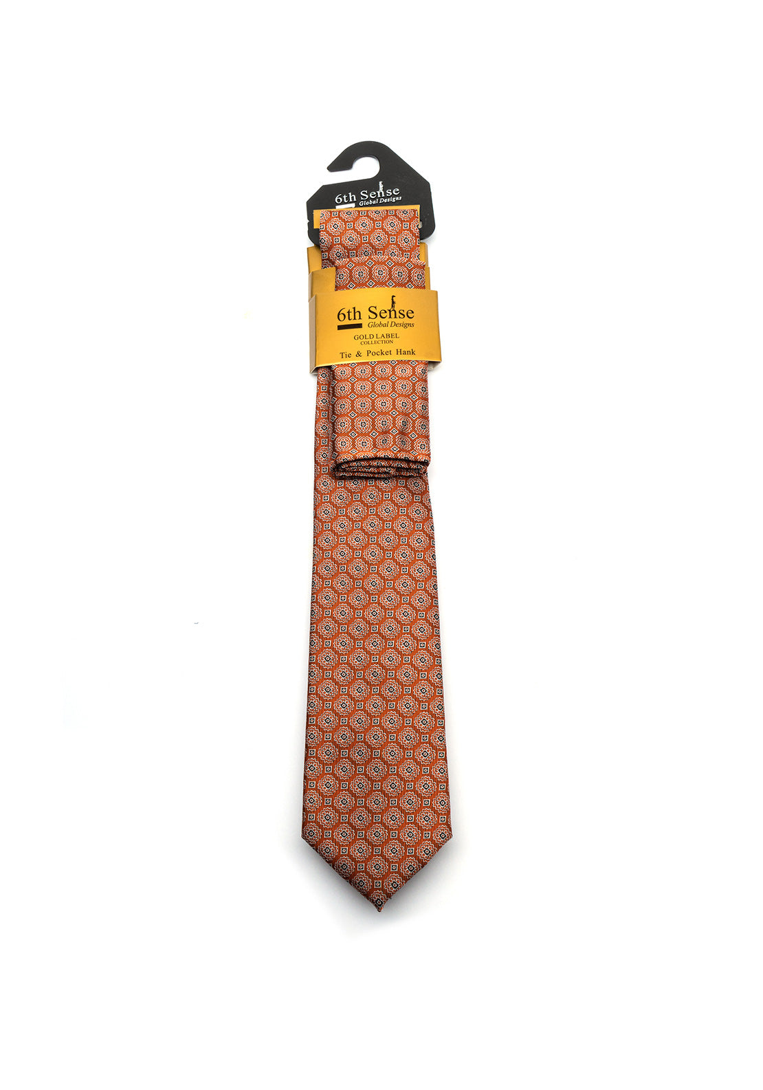6th Sense Tie & Pocket Square, Orange & Black