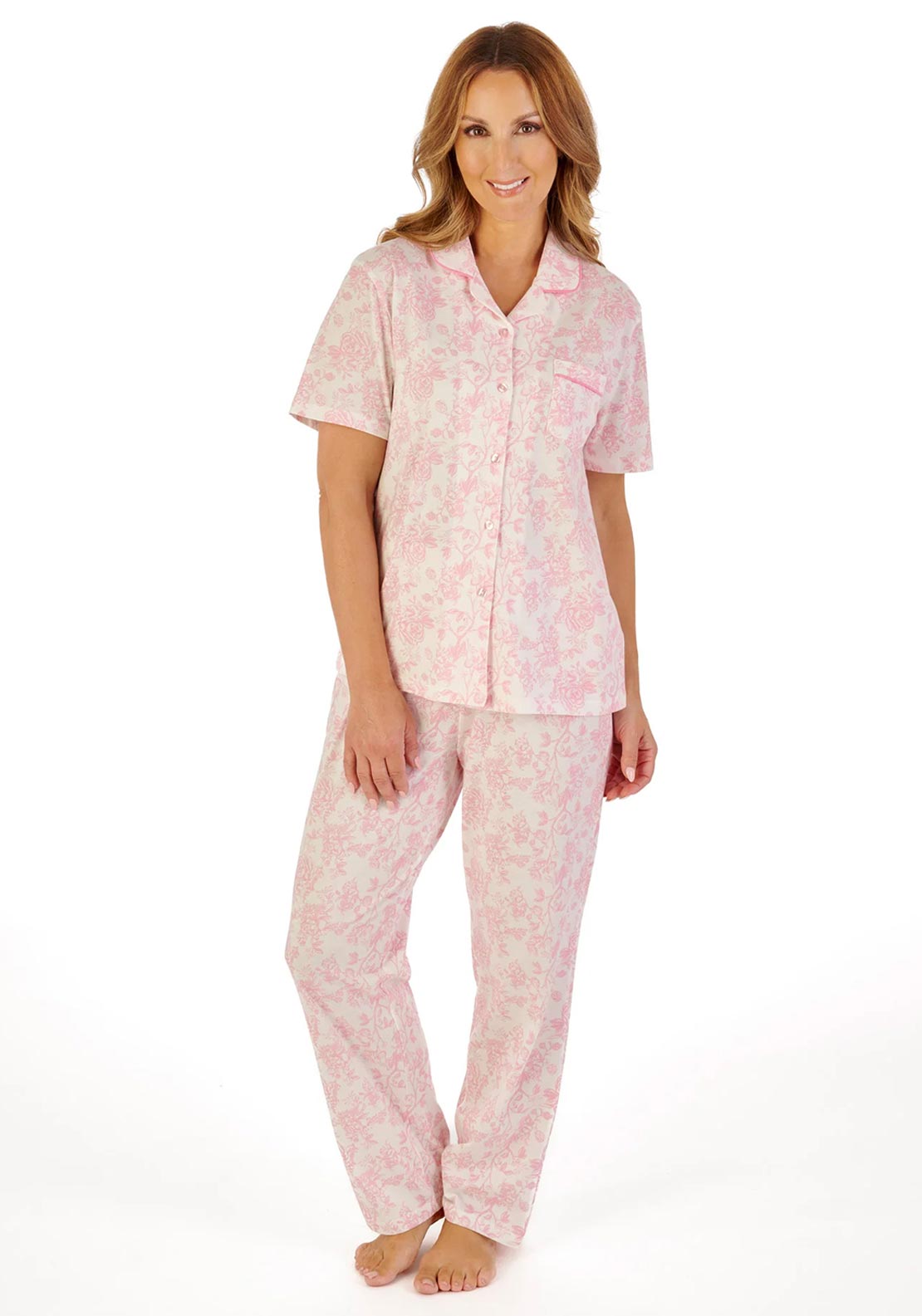 Slenderella Vintage Floral Short Sleeve Pyjama Set, Pink